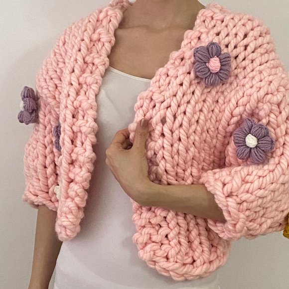 Cardigan Hand-Knitted Pink Crop Top Gift for her - Picture 3 of 7